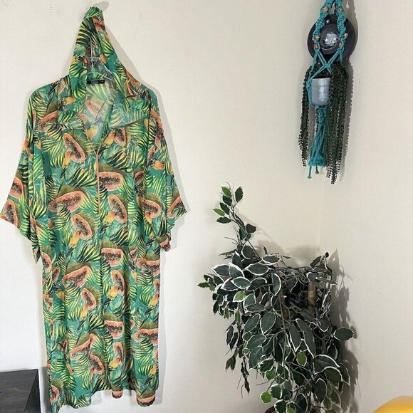 Glamy Other - Glamy Swim Cover Up Kaftan Sheer Tropical Green Papaya Parrots Print Hooded